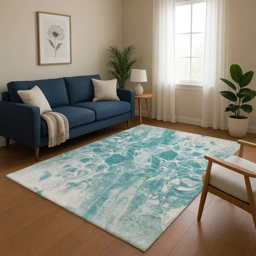 Teal And Ivory Abstract Washable Area Rug With UV Protection Photo 5