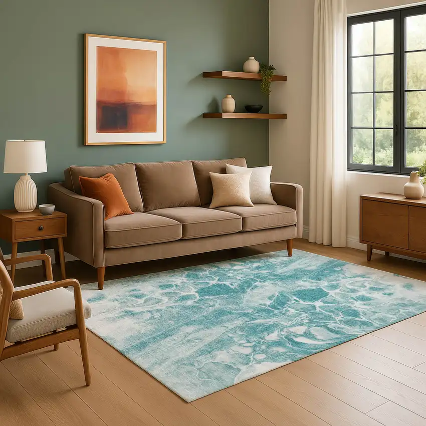 Teal And Ivory Abstract Washable Area Rug With UV Protection Photo 6