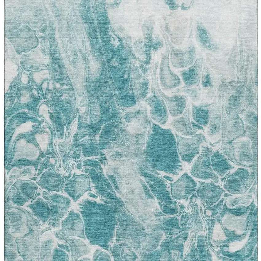 Teal And Ivory Abstract Washable Area Rug With UV Protection Photo 4