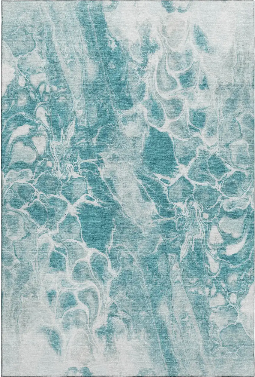 Teal And Ivory Abstract Washable Area Rug With UV Protection Photo 1