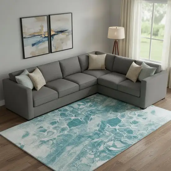 Teal And Ivory Abstract Washable Area Rug With UV Protection Photo 2