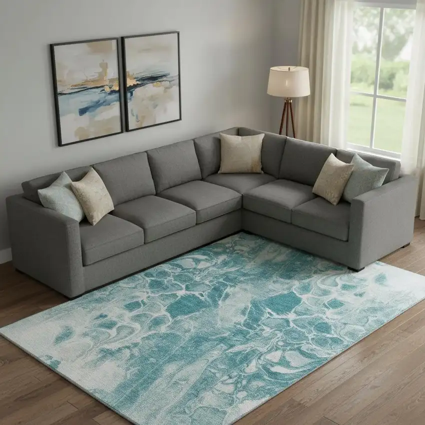 Teal And Ivory Abstract Washable Area Rug With UV Protection Photo 2