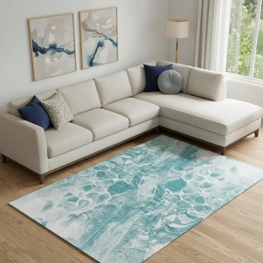 Teal And Ivory Abstract Washable Area Rug With UV Protection Photo 2