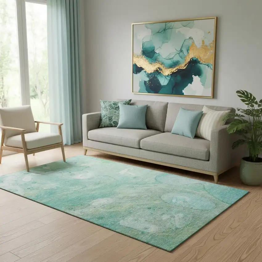 Teal And Ivory Abstract Washable Area Rug With UV Protection Photo 2