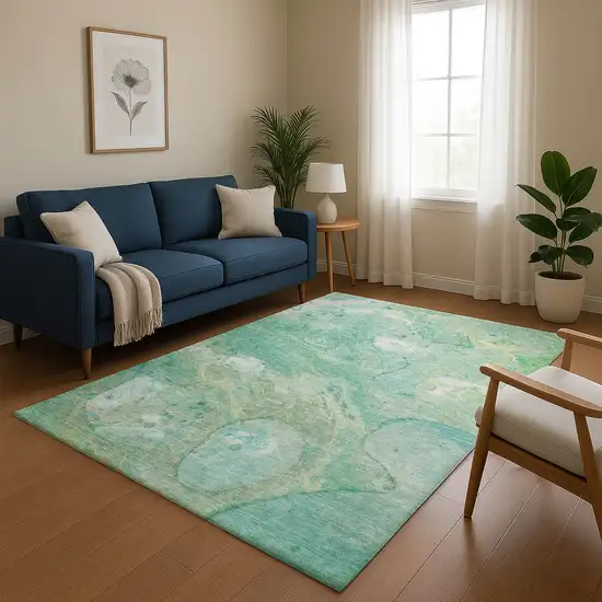 Teal And Ivory Abstract Washable Area Rug With UV Protection Photo 5