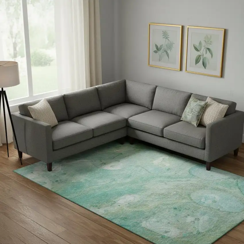 Teal And Ivory Abstract Washable Area Rug With UV Protection Photo 2