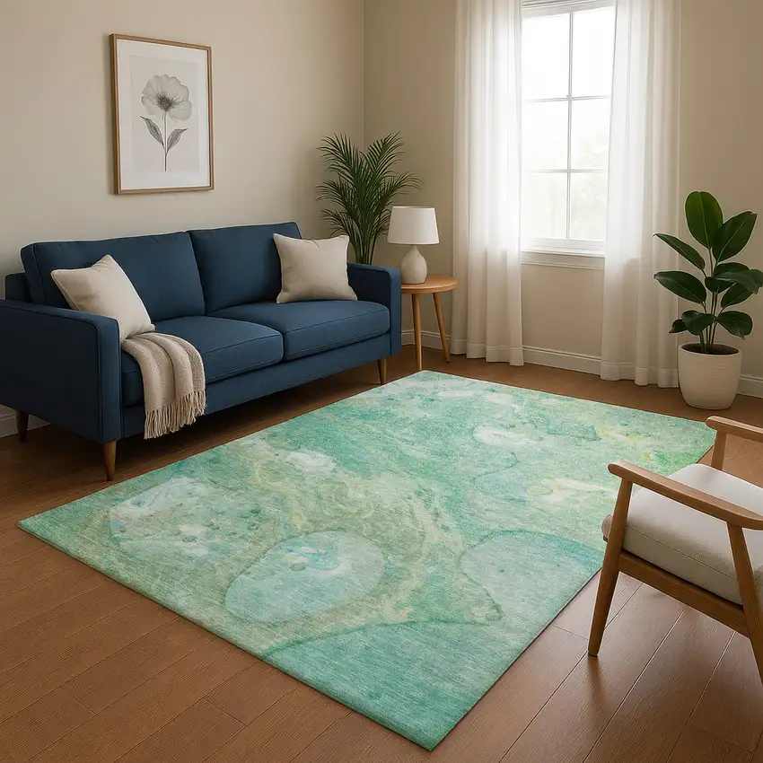 Teal And Ivory Abstract Washable Area Rug With UV Protection Photo 5