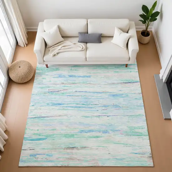 Teal And Ivory Abstract Washable Area Rug With UV Protection Photo 5