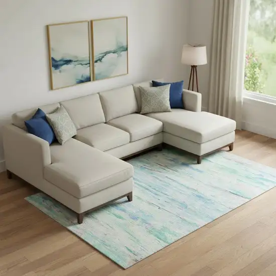 Teal And Ivory Abstract Washable Area Rug With UV Protection Photo 2