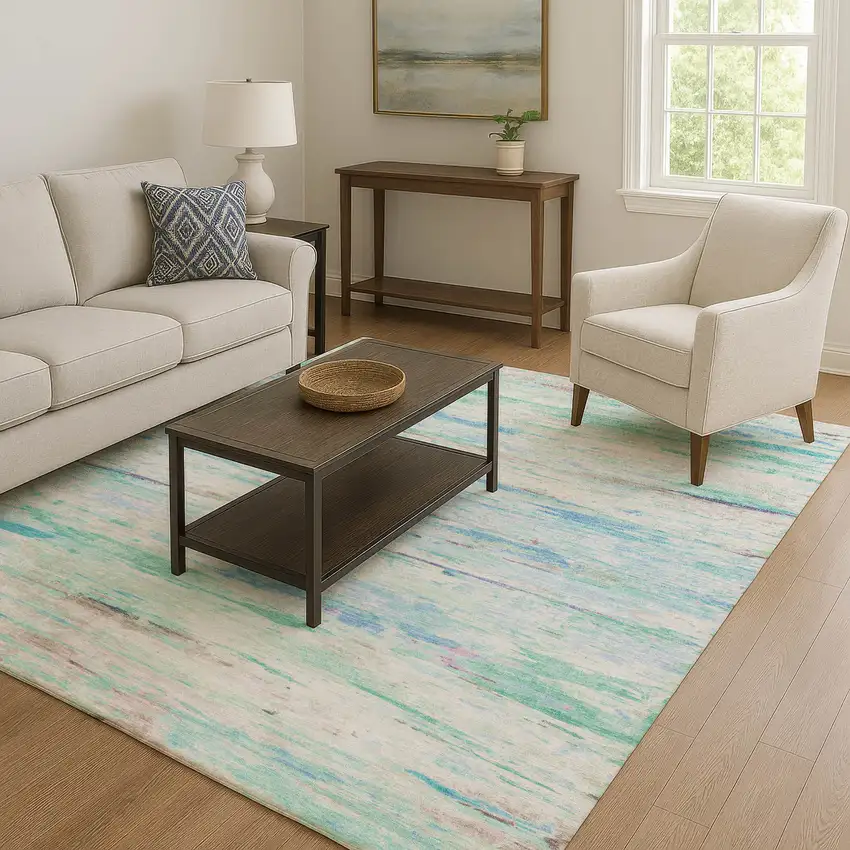 Teal And Ivory Abstract Washable Area Rug With UV Protection Photo 6