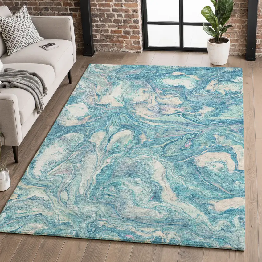 Teal And Ivory Abstract Washable Area Rug With UV Protection Photo 5