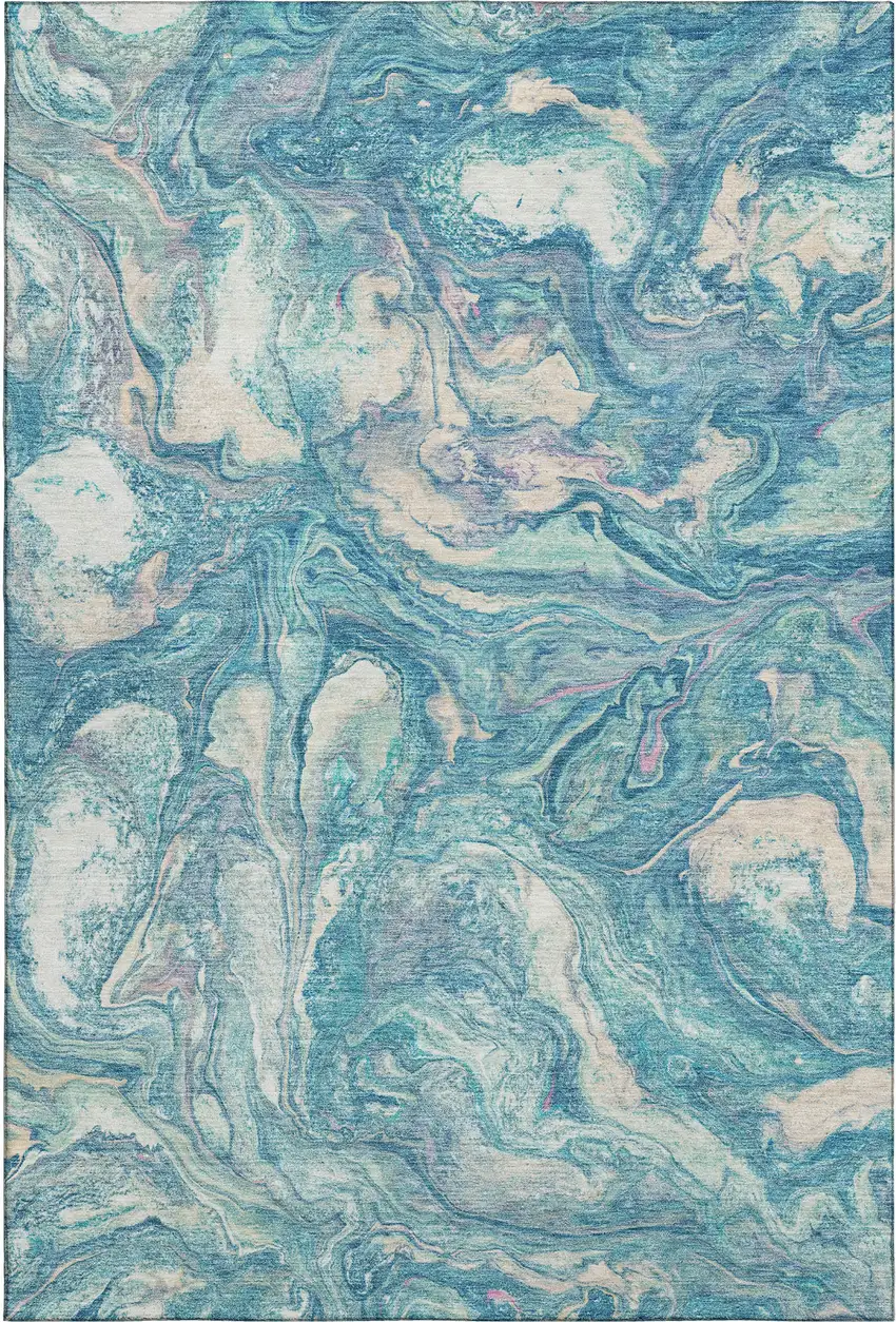 Teal And Ivory Abstract Washable Area Rug With UV Protection Photo 1