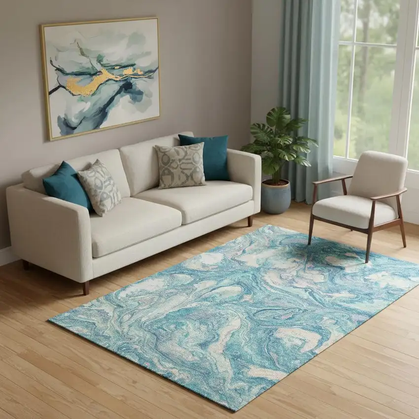 Teal And Ivory Abstract Washable Area Rug With UV Protection Photo 2