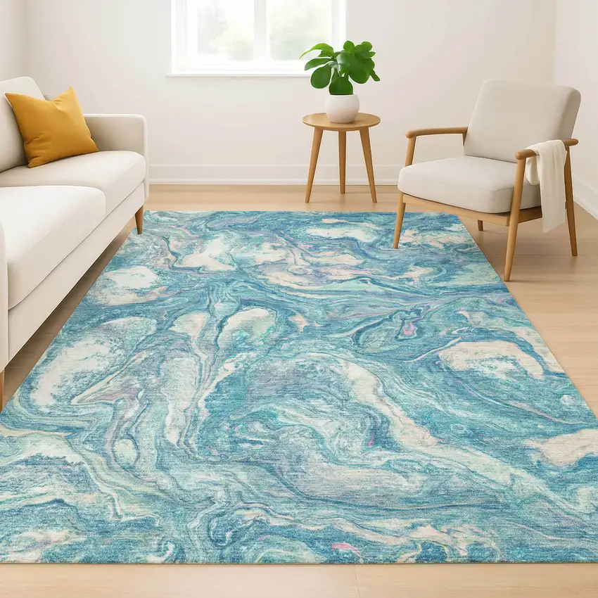Teal And Ivory Abstract Washable Area Rug With UV Protection Photo 6