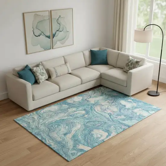 Teal And Ivory Abstract Washable Area Rug With UV Protection Photo 2