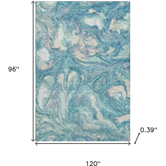 Teal And Ivory Abstract Washable Area Rug With UV Protection Photo 9