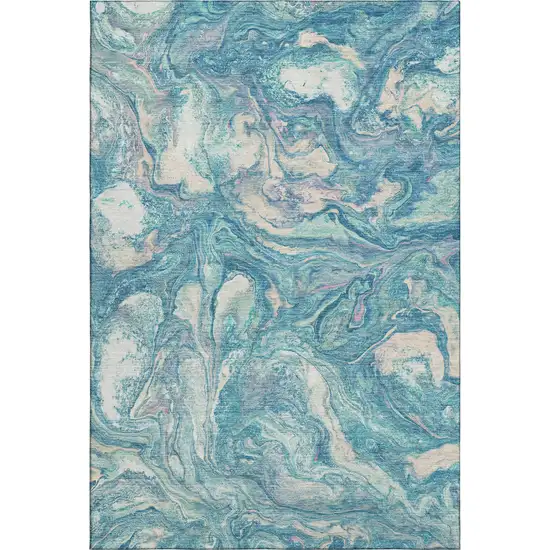 Teal And Ivory Abstract Washable Area Rug With UV Protection Photo 1