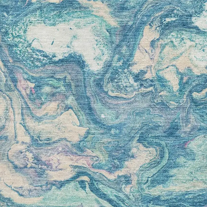 Teal And Ivory Abstract Washable Area Rug With UV Protection Photo 3