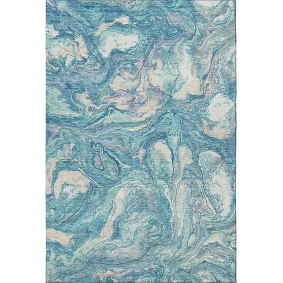 Teal And Ivory Abstract Washable Area Rug With UV Protection Photo 4