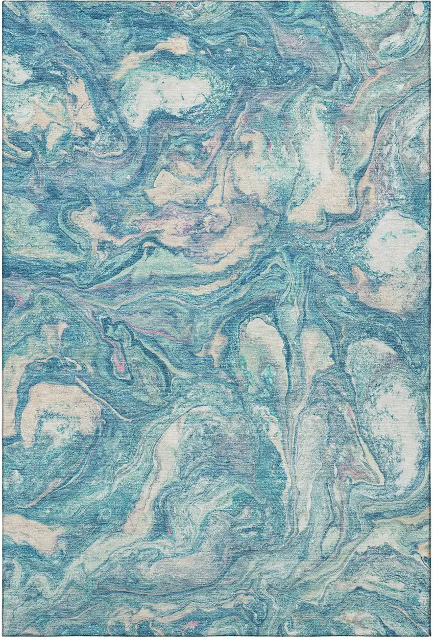 Teal And Ivory Abstract Washable Area Rug With UV Protection Photo 4