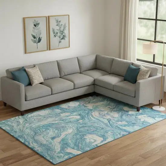 Teal And Ivory Abstract Washable Area Rug With UV Protection Photo 2