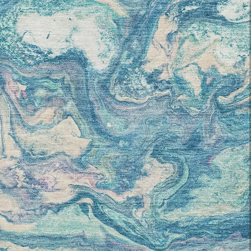 Teal And Ivory Abstract Washable Area Rug With UV Protection Photo 3
