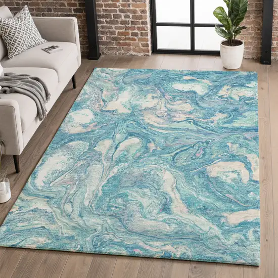Teal And Ivory Abstract Washable Area Rug With UV Protection Photo 5