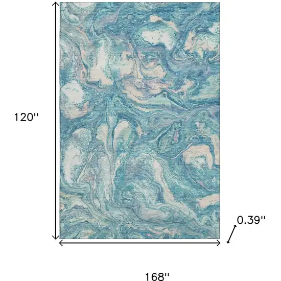 Teal And Ivory Abstract Washable Area Rug With UV Protection Photo 9