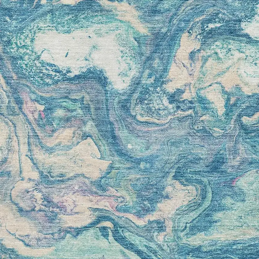 Teal And Ivory Abstract Washable Area Rug With UV Protection Photo 3