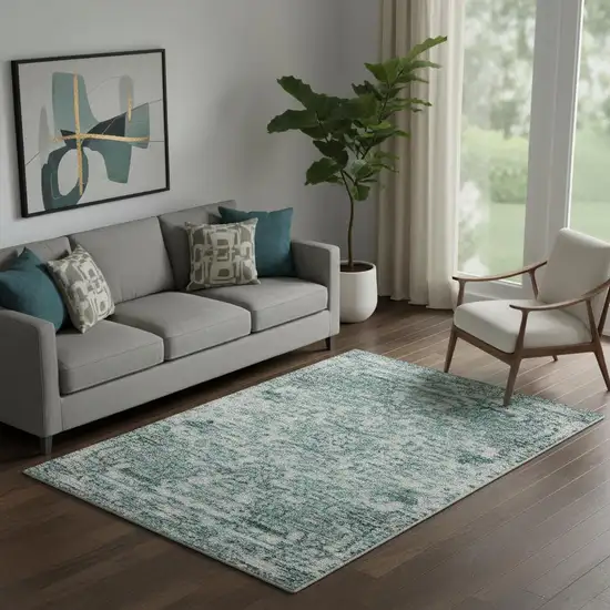 Teal And Ivory Abstract Washable Area Rug With UV Protection Photo 2