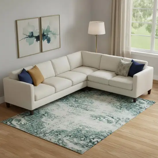 Teal And Ivory Abstract Washable Area Rug With UV Protection Photo 2