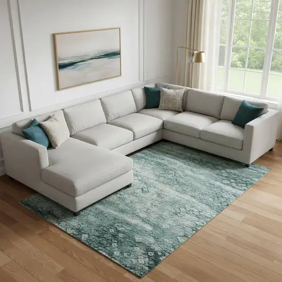 Teal And Ivory Abstract Washable Area Rug With UV Protection Photo 2