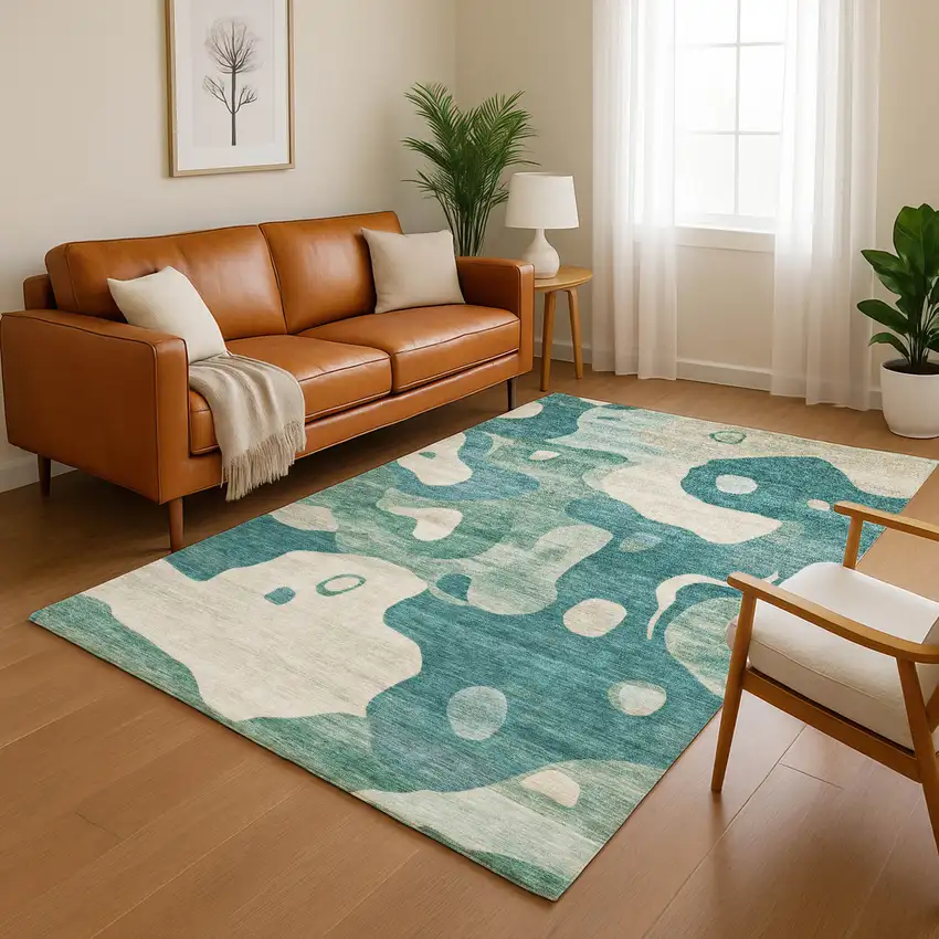 Teal And Ivory Abstract Washable Area Rug With UV Protection Photo 4