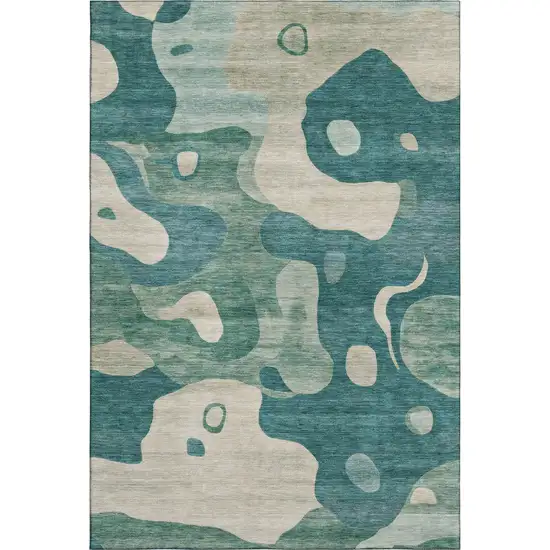 Teal And Ivory Abstract Washable Area Rug With UV Protection Photo 1