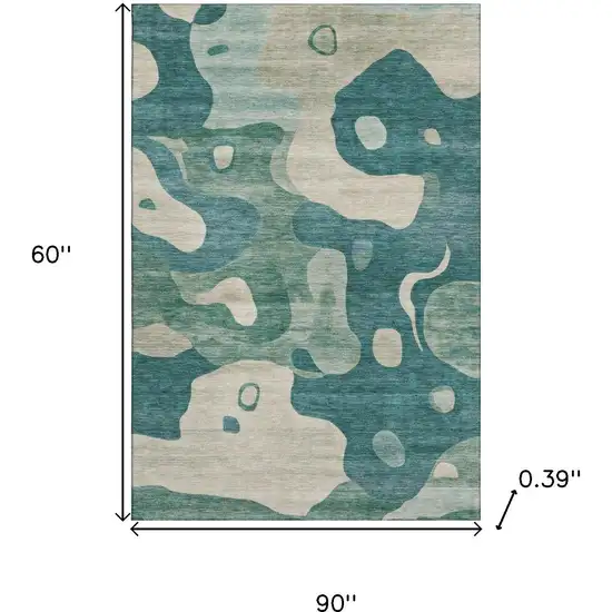 Teal And Ivory Abstract Washable Area Rug With UV Protection Photo 9