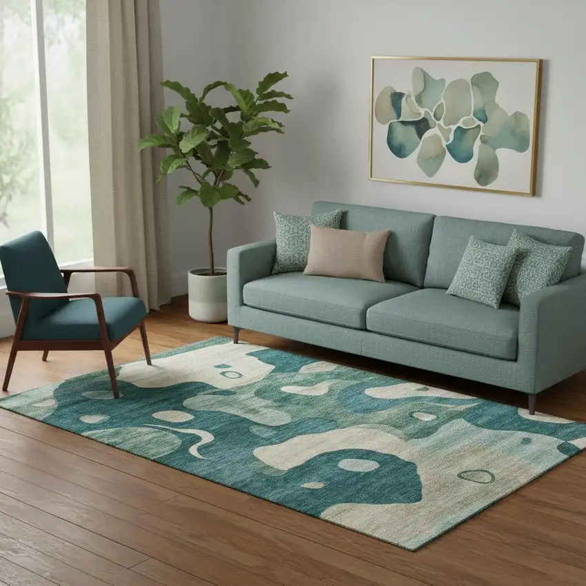 Teal And Ivory Abstract Washable Area Rug With UV Protection Photo 2