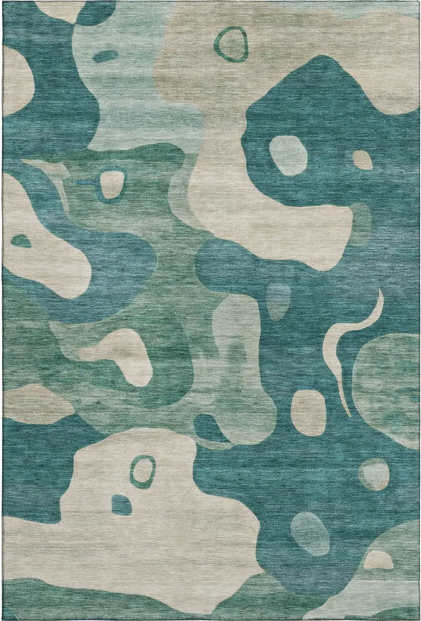 Teal And Ivory Abstract Washable Area Rug With UV Protection Photo 1
