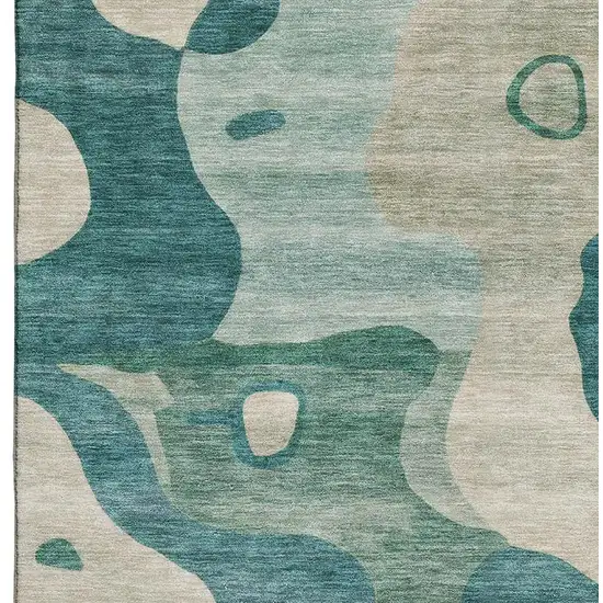 Teal And Ivory Abstract Washable Area Rug With UV Protection Photo 4