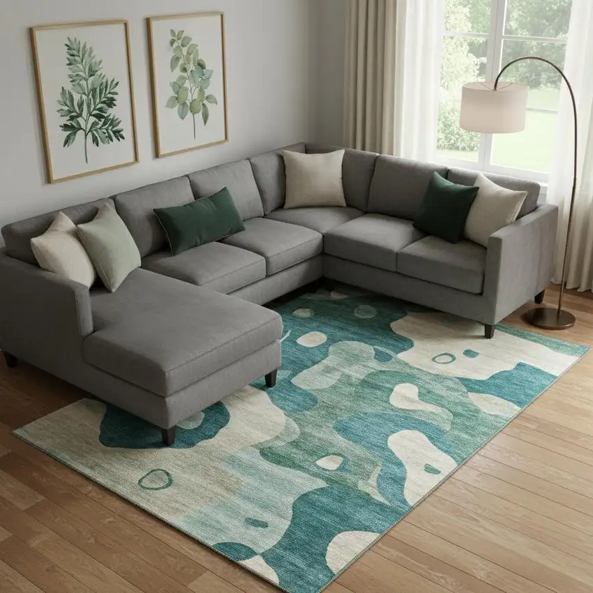 Teal And Ivory Abstract Washable Area Rug With UV Protection Photo 2