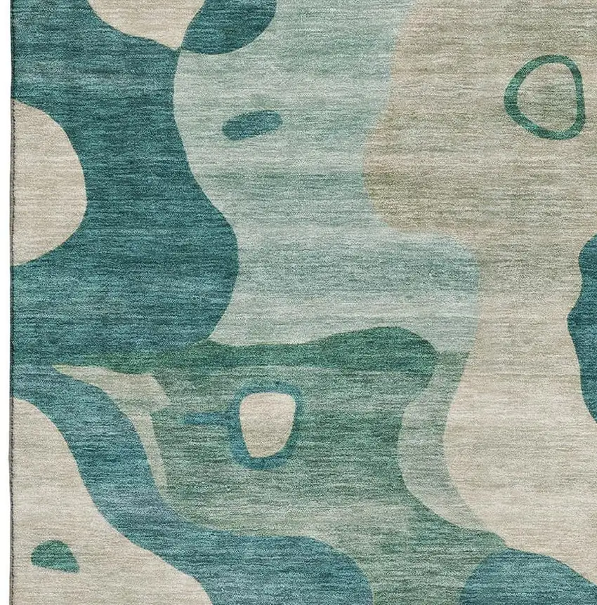 Teal And Ivory Abstract Washable Area Rug With UV Protection Photo 3