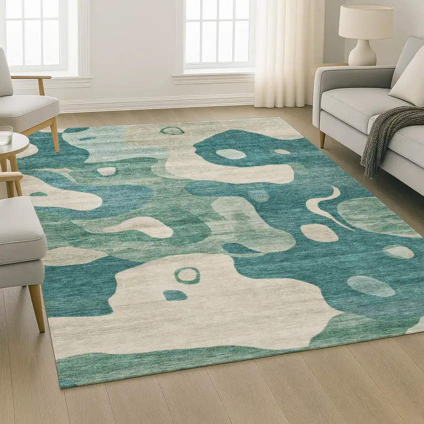 Teal And Ivory Abstract Washable Area Rug With UV Protection Photo 6