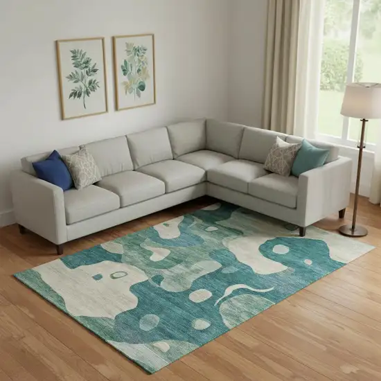 Teal And Ivory Abstract Washable Area Rug With UV Protection Photo 2
