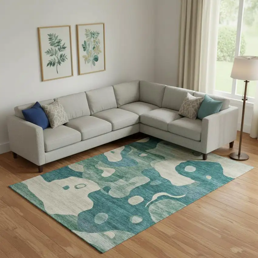 Teal And Ivory Abstract Washable Area Rug With UV Protection Photo 2