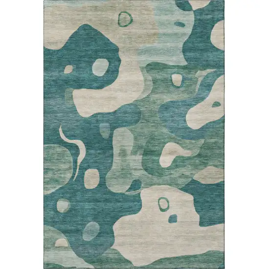 Teal And Ivory Abstract Washable Area Rug With UV Protection Photo 4
