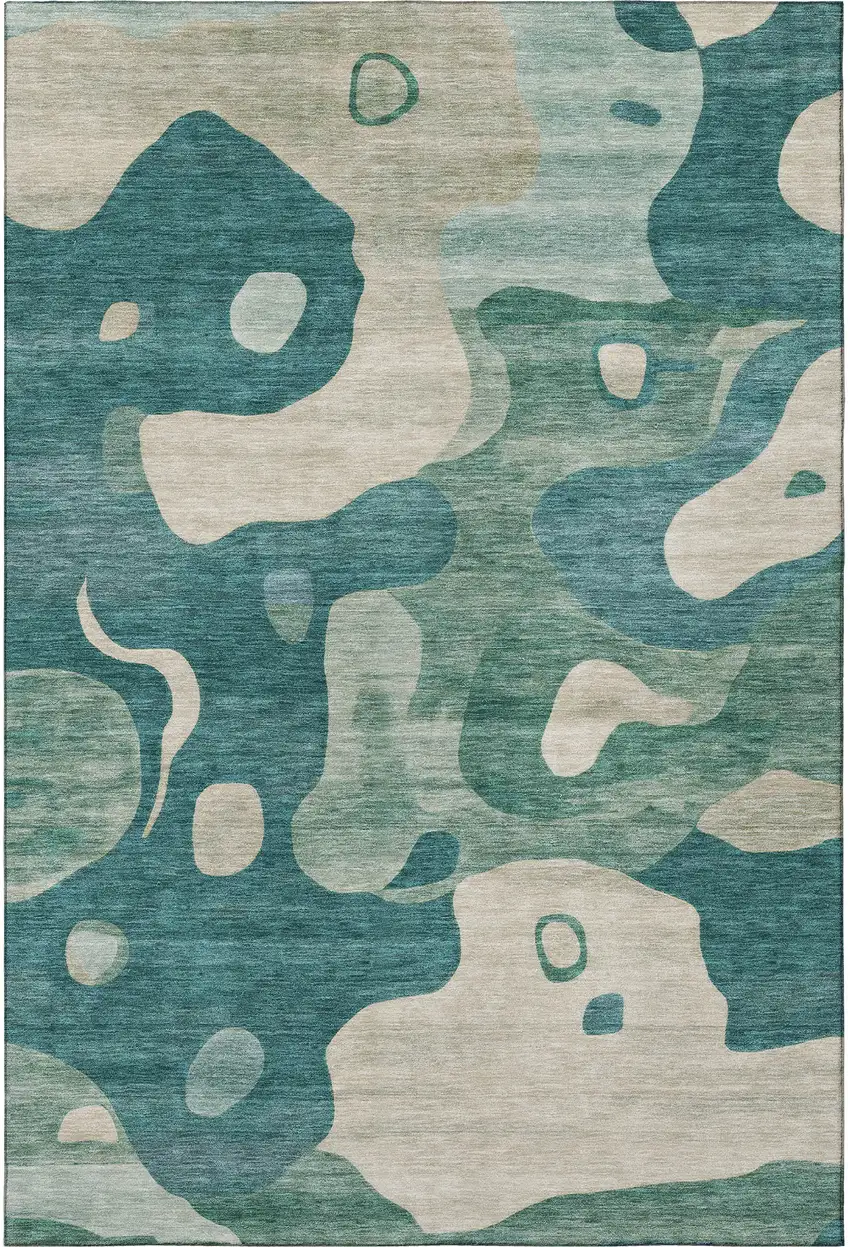 Teal And Ivory Abstract Washable Area Rug With UV Protection Photo 4