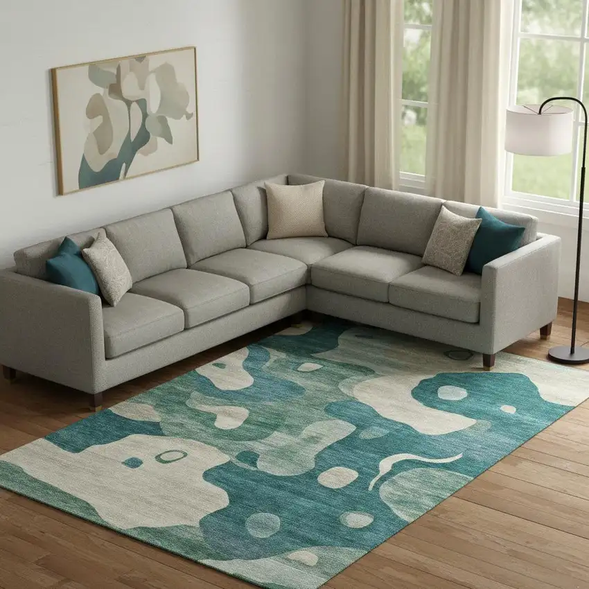 Teal And Ivory Abstract Washable Area Rug With UV Protection Photo 2