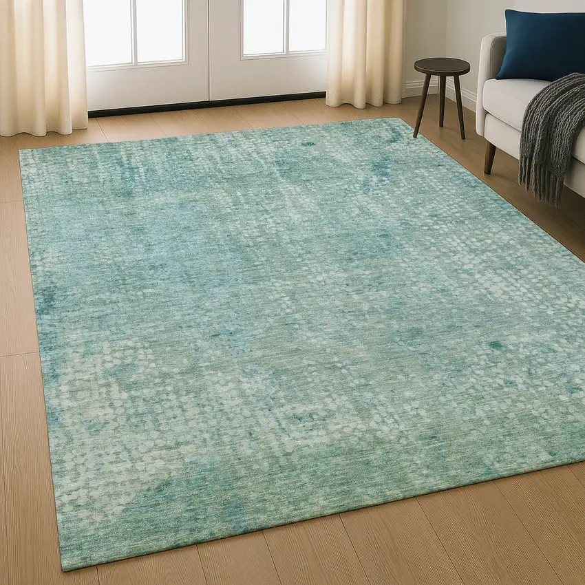 Teal And Ivory Abstract Washable Area Rug With UV Protection Photo 4