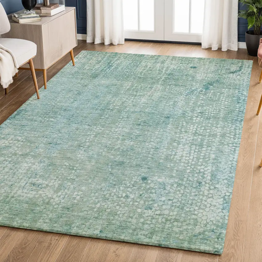 Teal And Ivory Abstract Washable Area Rug With UV Protection Photo 5