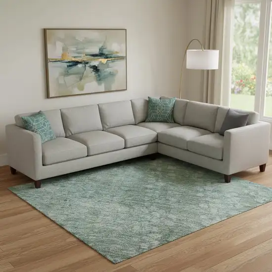 Teal And Ivory Abstract Washable Area Rug With UV Protection Photo 2