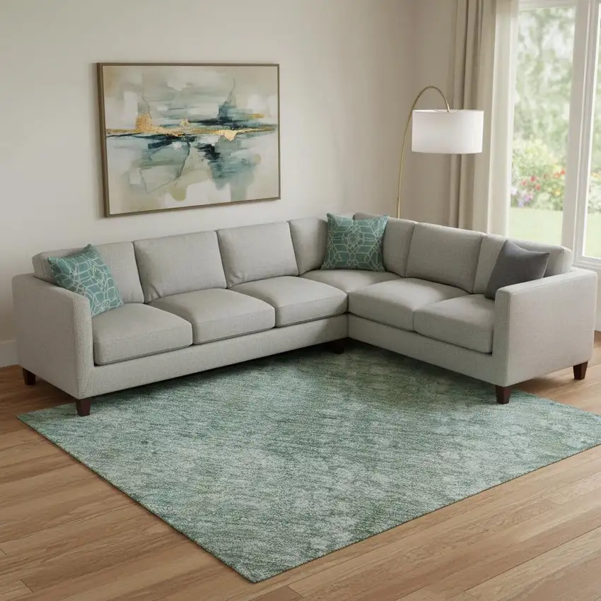 Teal And Ivory Abstract Washable Area Rug With UV Protection Photo 2